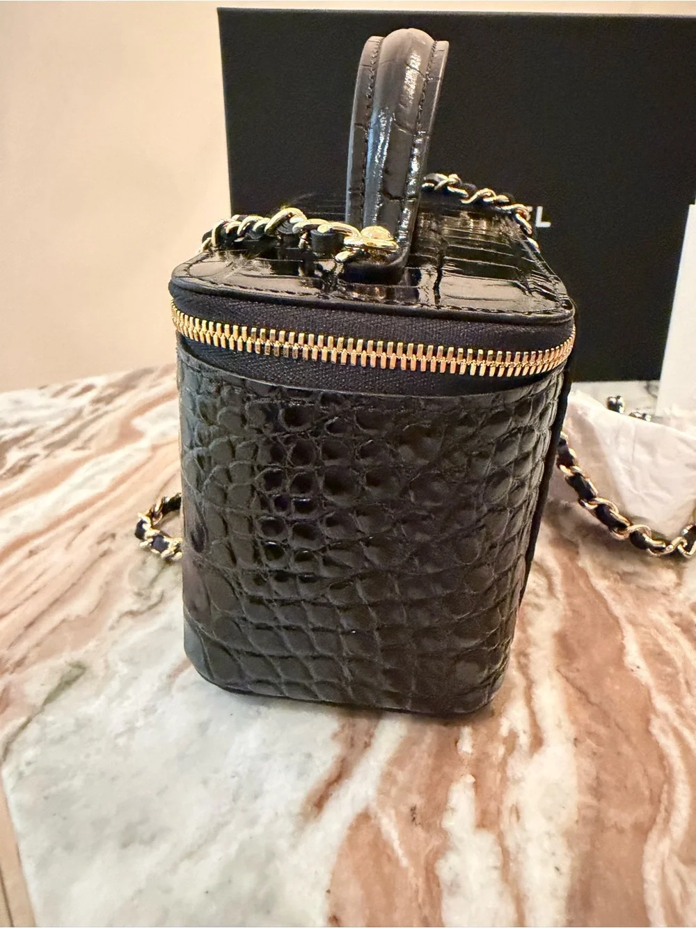 CHANEL Black Croc-Embossed Vanity Box Bag with Gold Hardware new with box